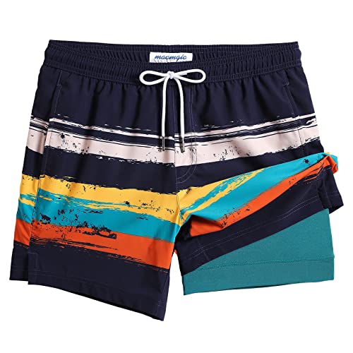 MaaMgic Herren Badehose lässige Badeshorts mit Kompression 2 in 1 | 5.5" Schnelltrocknend Kurz Strandhose Swim Shorts für Männer Mit Innenhose XS - XXL,Gestreift Orange Blau Grün 5.5,S von MaaMgic