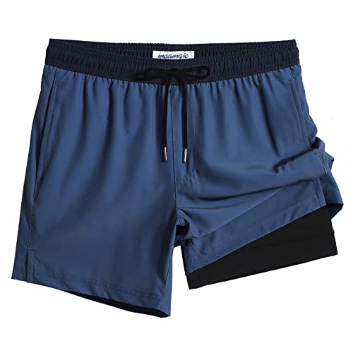 MaaMgic Herren Badehose lässige Badeshorts mit Kompression 2 in 1 | 5.5" Schnelltrocknend Swim Shorts Kurz Strandhose für Männer Mit Innenhose XS - XXL,Blaugrau Schwarz 5.5,M von MaaMgic