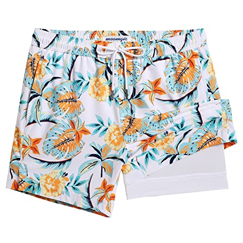 MaaMgic Herren Badehose lässige Badeshorts mit Kompression 2 in 1 | 5.5" Schnelltrocknend Swim Shorts Kurz Strandhose für Männer Mit Innenhose XS - XXL,Blumen Blätter Gelb 5.5,L von MaaMgic