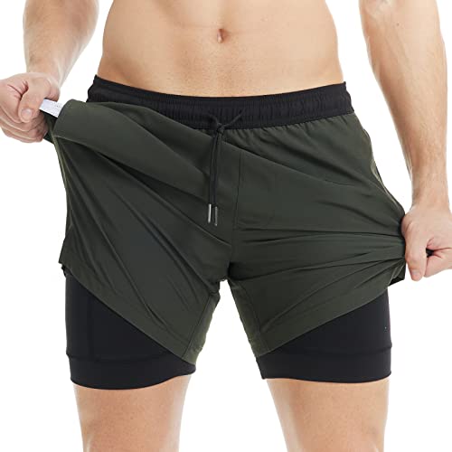 MaaMgic Herren Badehose lässige Badeshorts mit Kompression 2 in 1 | 5.5" Schnelltrocknend Swim Shorts Kurz Strandhose für Männer Mit Innenhose XS - XXL,Dunkelgrün Schwarz 5.5,S von MaaMgic