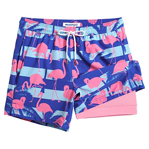 MaaMgic Herren Badehose lässige Badeshorts mit Kompression 2 in 1 | 5.5" Schnelltrocknend Swim Shorts Kurz Strandhose für Männer Mit Innenhose XS - XXL,Gestreift Flamingo Kokosnuss 5.5,L von MaaMgic