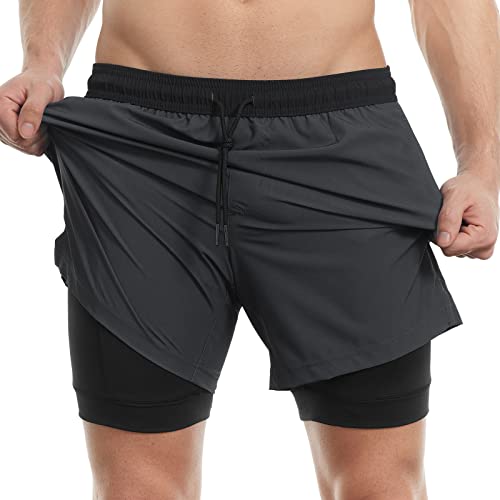 MaaMgic Herren Badehose lässige Badeshorts mit Kompression 2 in 1 | 5.5" Schnelltrocknend Swim Shorts Kurz Strandhose für Männer Mit Innenhose XS - XXL,Grau Schwarz 5.5,M von MaaMgic