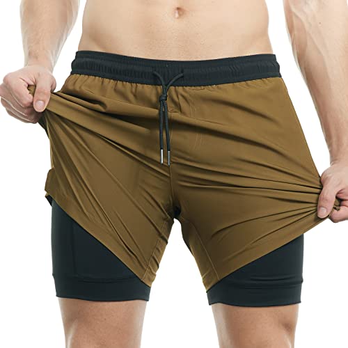 MaaMgic Herren Badehose lässige Badeshorts mit Kompression 2 in 1 | 5.5" Schnelltrocknend Swim Shorts Kurz Strandhose für Männer Mit Innenhose XS - XXL,Hellbraun Schwarz 5.5,S von MaaMgic