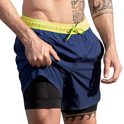 MaaMgic Herren Badehose lässige Badeshorts mit Kompression 2 in 1 | 5.5" Schnelltrocknend Swim Shorts Kurz Strandhose für Männer Mit Innenhose XS - XXL,Navy Gelb Schwarz 5.5,L von MaaMgic