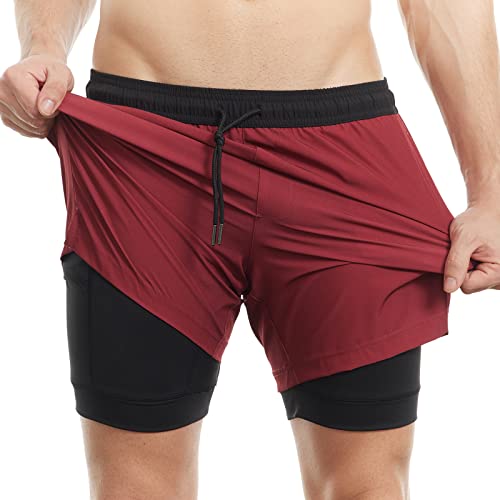 MaaMgic Herren Badehose lässige Badeshorts mit Kompression 2 in 1 | 5.5" Schnelltrocknend Swim Shorts Kurz Strandhose für Männer Mit Innenhose XS - XXL,Rot Schwarz 5.5,L von MaaMgic