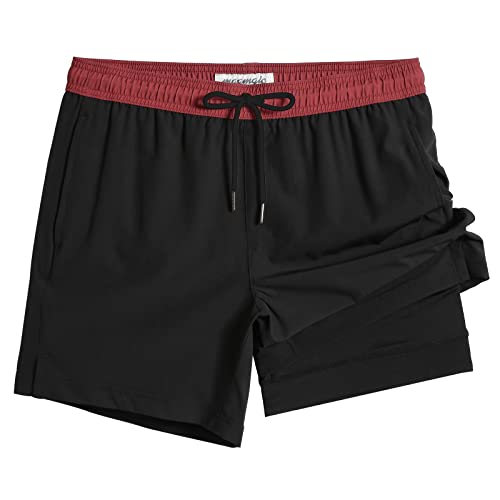 MaaMgic Herren Badehose lässige Badeshorts mit Kompression 2 in 1 | 5.5" Schnelltrocknend Swim Shorts Kurz Strandhose für Männer Mit Innenhose XS - XXL,Schwarz Weinrot 5.5,L von MaaMgic