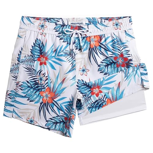 MaaMgic Herren Badehose mit Kompression Badeshorts 2 in 1 | 5.5" Schnelltrocknend lässige Swim Shorts Kurz Boardshorts mit Innenhose Reißverschlusstasche,02 Blau Blatt Rot Blumen 5.5,M von MaaMgic