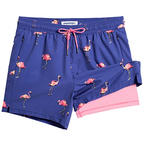 MaaMgic Herren Badehose mit Kompression Badeshorts 2 in 1 | 5.5" Schnelltrocknend lässige Swim Shorts Kurz Boardshorts mit Innenhose Reißverschlusstasche,02 Blau Flamingo Rosa 5.5,L von MaaMgic