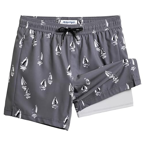 MaaMgic Herren Badehose mit Kompression Badeshorts 2 in 1 | 5.5" Schnelltrocknend lässige Swim Shorts Kurz Boardshorts mit Innenhose Reißverschlusstasche,02 Hellgrau Boot 5.5,S von MaaMgic