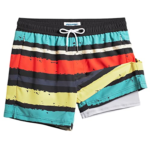 MaaMgic Herren Badehose mit Kompression Badeshorts 2 in 1 | 5.5" Schnelltrocknend lässige Swim Shorts Kurz Boardshorts mit Innenhose Reißverschlusstasche,02 Hellgrau Bunt Gestreift 5.5,L von MaaMgic