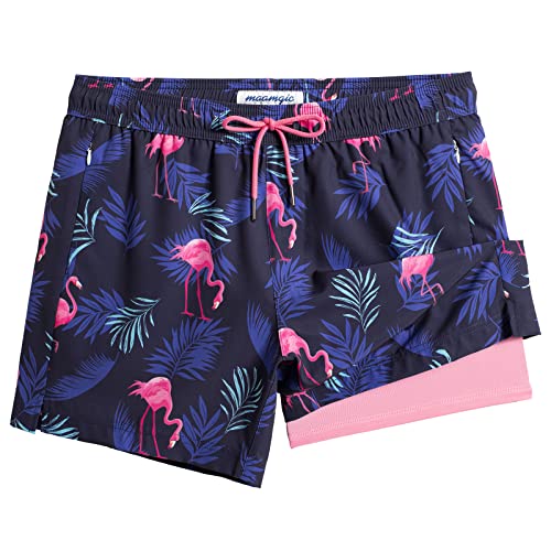 MaaMgic Herren Badehose mit Kompression Badeshorts 2 in 1 | 5.5" Schnelltrocknend lässige Swim Shorts Kurz Boardshorts mit Innenhose Reißverschlusstasche,02 Navy Flamingo Palmen Rosa 5.5,XL von MaaMgic