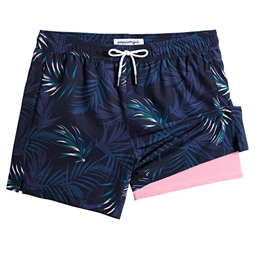 MaaMgic Herren Badehose mit Kompression Badeshorts 2 in 1 | 5.5" Schnelltrocknend lässige Swim Shorts Kurz Boardshorts mit Innenhose Reißverschlusstasche,02 Navy Palmen Rosa 5.5,L von MaaMgic