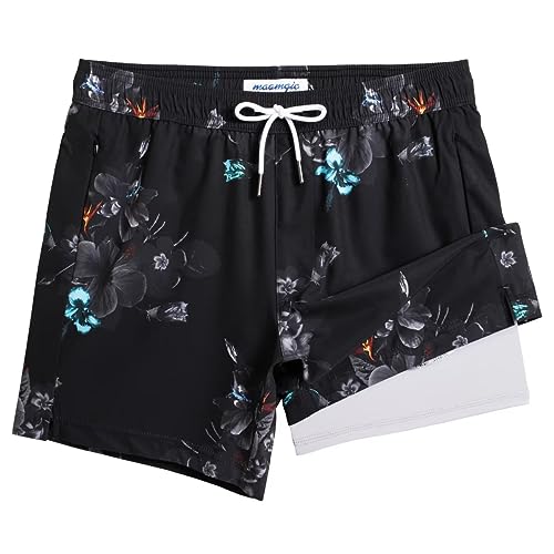 MaaMgic Herren Badehose mit Kompression Badeshorts 2 in 1 | 5.5" Schnelltrocknend lässige Swim Shorts Kurz Boardshorts mit Innenhose Reißverschlusstasche,02 Schwarz Blumen Grau 5.5,M von MaaMgic