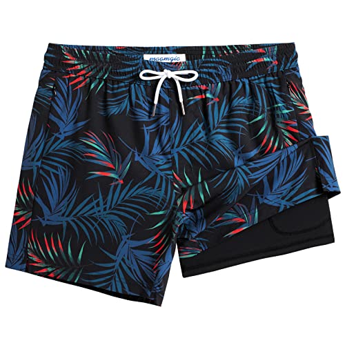 MaaMgic Herren Badehose mit Kompression Badeshorts 2 in 1 | 5.5" Schnelltrocknend lässige Swim Shorts Kurz Boardshorts mit Innenhose Reißverschlusstasche,02 Schwarz Palmen 5.5,XL von MaaMgic