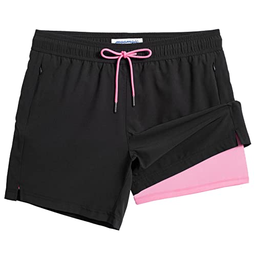 MaaMgic Herren Badehose mit Kompression Badeshorts 2 in 1 | 5.5" Schnelltrocknend lässige Swim Shorts Kurz Boardshorts mit Innenhose Reißverschlusstasche,02 Schwarz Rosa 5.5,L von MaaMgic