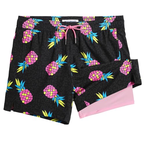 MaaMgic Herren Badehose mit Kompression Badeshorts 2 in 1 | 5.5" Schnelltrocknend lässige Swim Shorts Kurz Boardshorts mit Innenhose Reißverschlusstasche,03 Ananas Leopard Rosa Schwarz 5.5,L von MaaMgic