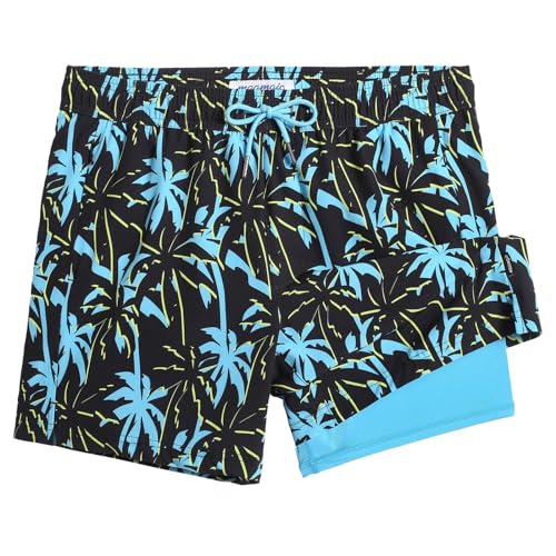 MaaMgic Herren Badehose mit Kompression Badeshorts 2 in 1 | 5.5" Schnelltrocknend lässige Swim Shorts Kurz Boardshorts mit Innenhose Reißverschlusstasche,03 Palmen Navy Gelb 5.5,XL von MaaMgic