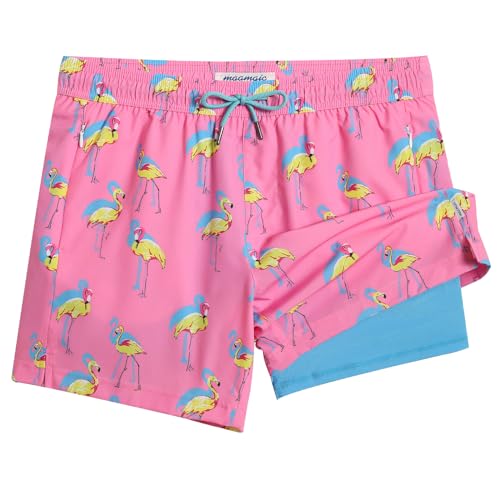 MaaMgic Herren Badehose mit Kompression Badeshorts 2 in 1 | 5.5" Schnelltrocknend lässige Swim Shorts Kurz Boardshorts mit Innenhose Reißverschlusstasche,04 Flamingo Rosa Blau Gelb,L von MaaMgic