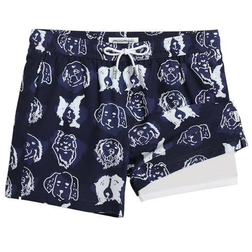 MaaMgic Herren Badehose mit Kompression Badeshorts 2 in 1 | 5.5" Schnelltrocknend lässige Swim Shorts Kurz Boardshorts mit Innenhose Reißverschlusstasche,04 Hund Navy Blau Weiß,M von MaaMgic