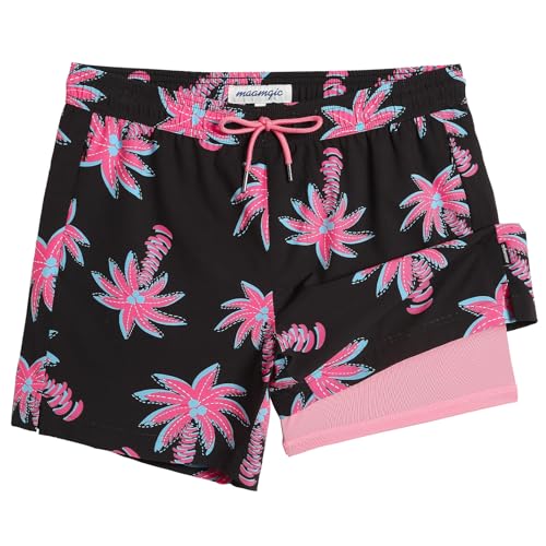 MaaMgic Herren Badehose mit Kompression Badeshorts 2 in 1 | 5.5" Schnelltrocknend lässige Swim Shorts Kurz Boardshorts mit Innenhose Reißverschlusstasche,04 Palmen Schwarz Rosa,L von MaaMgic