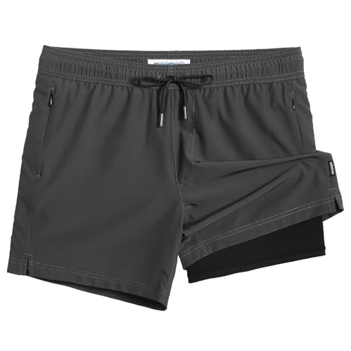 MaaMgic Herren Badehose mit Kompression Badeshorts 2 in 1 | 5.5" Schnelltrocknend lässige Swim Shorts Kurz Boardshorts mit Innenhose Reißverschlusstasche,5.5 Cr Grau Schwarz,XL von MaaMgic