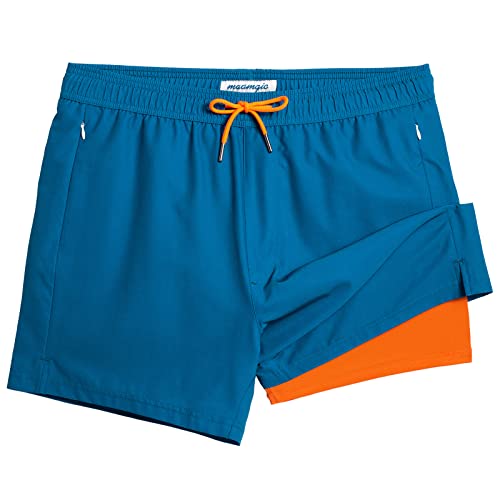 MaaMgic Herren Badehose mit Kompression Badeshorts 2 in 1 | 5.5" Schnelltrocknend lässige Swim Shorts Kurz Boardshorts mit Innenhose Reißverschlusstasche,5.5 Cr Hellblau Orange,L von MaaMgic