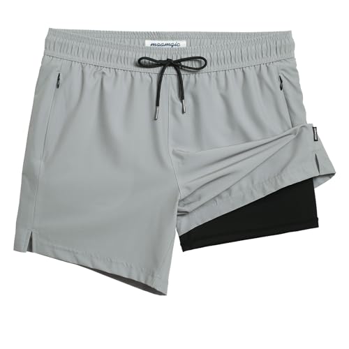 MaaMgic Herren Badehose mit Kompression Badeshorts 2 in 1 | 5.5" Schnelltrocknend lässige Swim Shorts Kurz Boardshorts mit Innenhose Reißverschlusstasche,5.5 Cr Hellgrau Schwarz,M von MaaMgic