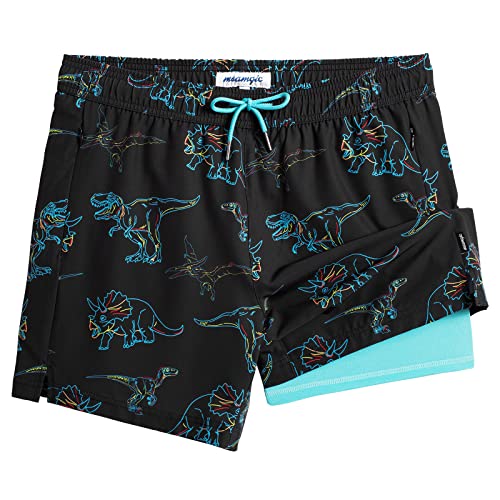 MaaMgic Herren Badehose mit Kompression Badeshorts 2 in 1 | 5.5" Schnelltrocknend lässige Swim Shorts Kurz Boardshorts mit Innenhose Reißverschlusstasche,5.5 Dino Schwarz Eisblau,XL von MaaMgic