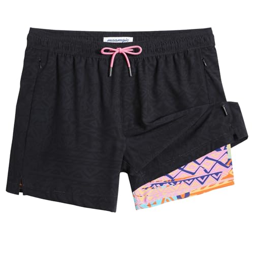 MaaMgic Herren Badehose mit Kompression Badeshorts 2 in 1 | 5.5" Schnelltrocknend lässige Swim Shorts Kurz Boardshorts mit Innenhose Reißverschlusstasche,5.5 Muster Blau Schwarz Rosa,M von MaaMgic