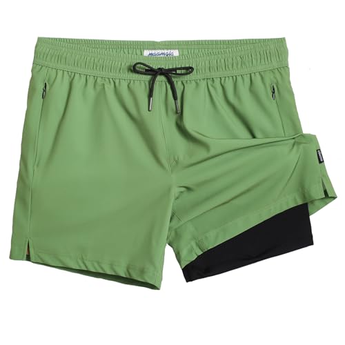 MaaMgic Herren Badehose mit Kompression Badeshorts 2 in 1 | 5.5" Schnelltrocknend lässige Swim Shorts Kurz Boardshorts mit Innenhose Reißverschlusstasche,Grasgrün Schwarz Cr 5.5,M von MaaMgic