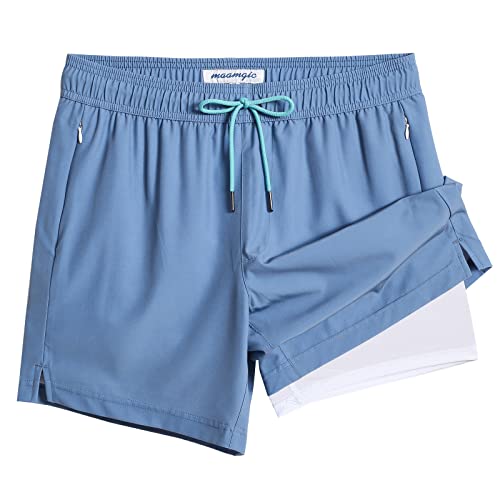 MaaMgic Herren Badehose mit Kompression Badeshorts 2 in 1 | 5.5" Schnelltrocknend lässige Swim Shorts Kurz Boardshorts mit Innenhose Reißverschlusstasche XS - XXL,Blau Grau Weiß CR 5.5,XXL von MaaMgic