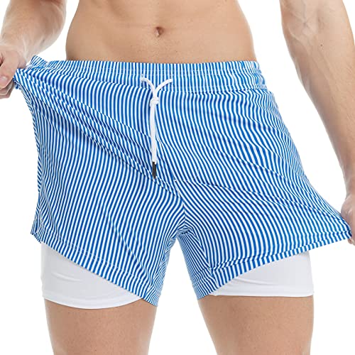 MaaMgic Herren Badehose mit Kompression Badeshorts 2 in 1 | 5.5" Schnelltrocknend lässige Swim Shorts Kurz Boardshorts mit Innenhose Reißverschlusstasche XS - XXL,Blau Weiß Streifen 5.5,XXL von MaaMgic