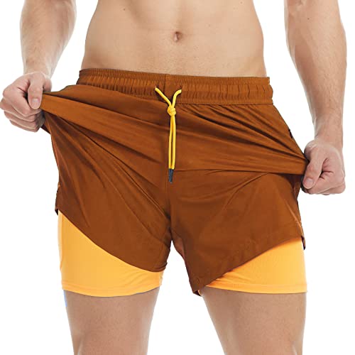 MaaMgic Herren Badehose mit Kompression Badeshorts 2 in 1 | 5.5" Schnelltrocknend lässige Swim Shorts Kurz Boardshorts mit Innenhose Reißverschlusstasche XS - XXL,Braun Gelb CR 5.5,L von MaaMgic