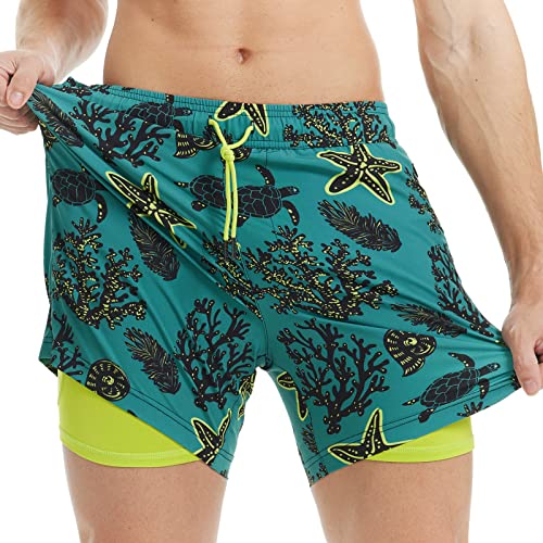 MaaMgic Herren Badehose mit Kompression Badeshorts 2 in 1 | 5.5" Schnelltrocknend lässige Swim Shorts Kurz Boardshorts mit Innenhose Reißverschlusstasche XS - XXL,Grün Koralle Marine 5.5,L von MaaMgic