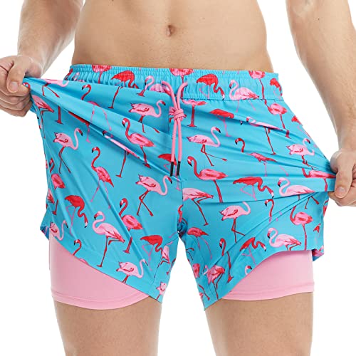 MaaMgic Herren Badehose mit Kompression Badeshorts 2 in 1 | 5.5" Schnelltrocknend lässige Swim Shorts Kurz Boardshorts mit Innenhose Reißverschlusstasche XS - XXL,Hellblau Rosa Flamingo 5.5,S von MaaMgic