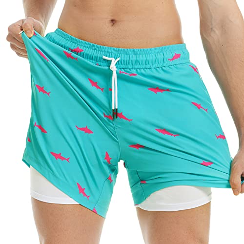 MaaMgic Herren Badehose mit Kompression Badeshorts 2 in 1 | 5.5" Schnelltrocknend lässige Swim Shorts Kurz Boardshorts mit Innenhose Reißverschlusstasche XS - XXL,Hellblau Rosa Hai 5.5,S von MaaMgic