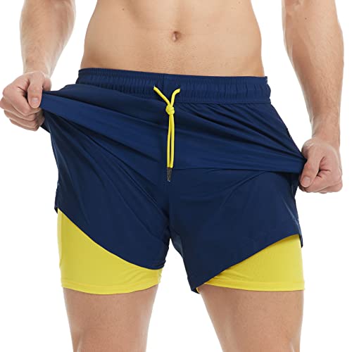 MaaMgic Herren Badehose mit Kompression Badeshorts 2 in 1 | 5.5" Schnelltrocknend lässige Swim Shorts Kurz Boardshorts mit Innenhose Reißverschlusstasche XS - XXL,Navy Gelb CR 5.5,M von MaaMgic