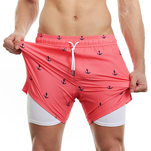 MaaMgic Herren Badehose mit Kompression Badeshorts 2 in 1 | 5.5" Schnelltrocknend lässige Swim Shorts Kurz Boardshorts mit Innenhose Reißverschlusstasche XS - XXL,Rosa Anker 5.5,L von MaaMgic