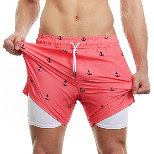 MaaMgic Herren Badehose mit Kompression Badeshorts 2 in 1 | 5.5" Schnelltrocknend lässige Swim Shorts Kurz Boardshorts mit Innenhose Reißverschlusstasche XS - XXL,Rosa Anker 5.5,S von MaaMgic