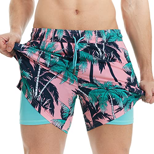 MaaMgic Herren Badehose mit Kompression Badeshorts 2 in 1 | 5.5" Schnelltrocknend lässige Swim Shorts Kurz Boardshorts mit Innenhose Reißverschlusstasche XS - XXL,Rosa Blau Schwarz Kokosnuss 5.5,L von MaaMgic