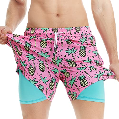 MaaMgic Herren Badehose mit Kompression Badeshorts 2 in 1 | 5.5" Schnelltrocknend lässige Swim Shorts Kurz Boardshorts mit Innenhose Reißverschlusstasche XS - XXL,Rosa Kokosnuss Ananas 5.5,L von MaaMgic