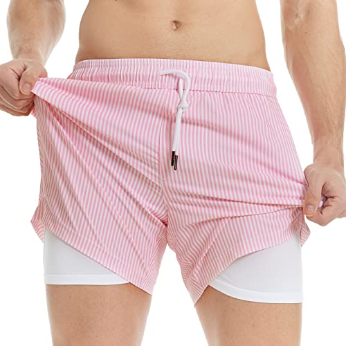 MaaMgic Herren Badehose mit Kompression Badeshorts 2 in 1 | 5.5" Schnelltrocknend lässige Swim Shorts Kurz Boardshorts mit Innenhose Reißverschlusstasche XS - XXL,Rosa Weiß Streifen 5.5,M von MaaMgic