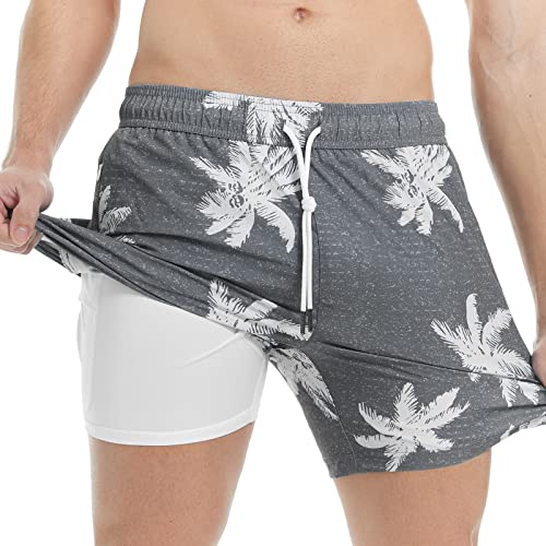 MaaMgic Herren Badehose mit Kompression Badeshorts 2 in 1 | 5.5" Schnelltrocknend lässige Swim Shorts Kurz Boardshorts mit Innenhose Reißverschlusstasche XS - XXL,Schwarz Kokosnuss Grau 5.5,S von MaaMgic