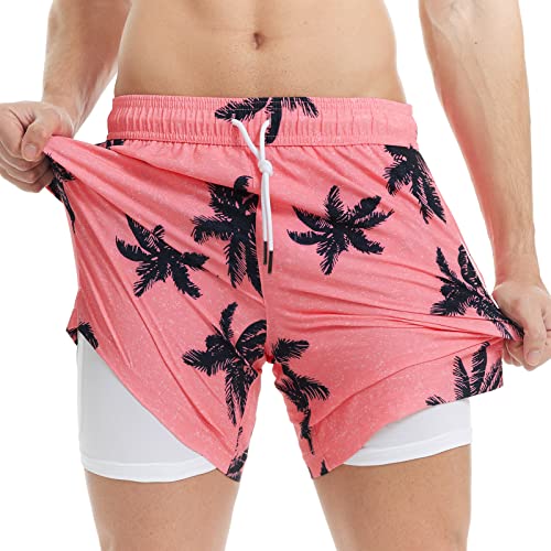 MaaMgic Herren Badehose mit Kompression Badeshorts 2 in 1 | 5.5" Schnelltrocknend lässige Swim Shorts Kurz Boardshorts mit Innenhose Reißverschlusstasche XS - XXL,Schwarz Kokosnuss Rosa 5.5,L von MaaMgic