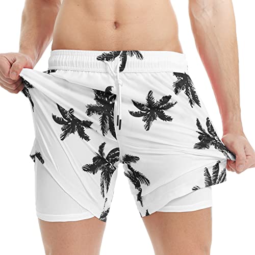 MaaMgic Herren Badehose mit Kompression Badeshorts 2 in 1 | 5.5" Schnelltrocknend lässige Swim Shorts Kurz Boardshorts mit Innenhose Reißverschlusstasche XS - XXL,Schwarz Kokosnuss Weiß 5.5,S von MaaMgic