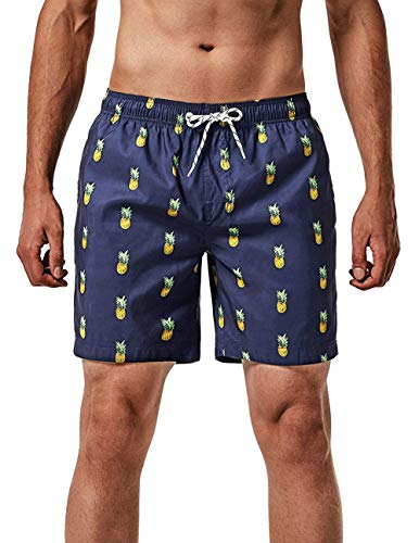 MaaMgic Herren Badeshorts SCHNELLTROCKNEND Boardshorts Trainingshose mit Mesh-Futter und Verstellbarem Tunnelzug MEHRWEG Navy Blau Ananas XXL von MaaMgic