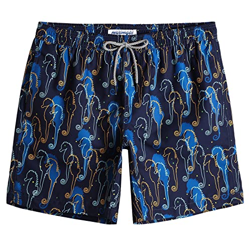 MaaMgic Herren Badeshorts, Boardshorts für Männer mit Kordelzug, Schnelltrocknend Trainingshose mit Mesh-Futter MEHRWEG, Seepferdchen Navy, L von MaaMgic