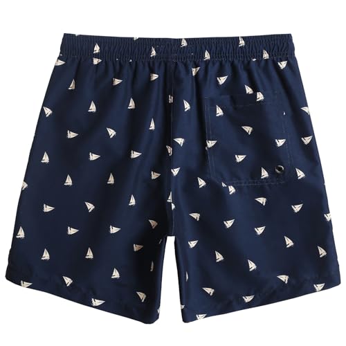 MaaMgic Herren Badeshorts, Boardshorts für Männer mit Kordelzug, Schnelltrocknend Trainingshose mit Mesh-Futter MEHRWEG,Segelschiff Navy Blau 7,L von MaaMgic