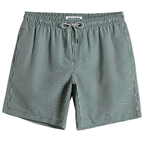 MaaMgic Herren Badeshorts SCHNELLTROCKNEND Boardshorts Trainingshose mit Mesh-Futter und Verstellbarem Tunnelzug MEHRWEG,Gestreift Dunkelgrün,L von MaaMgic