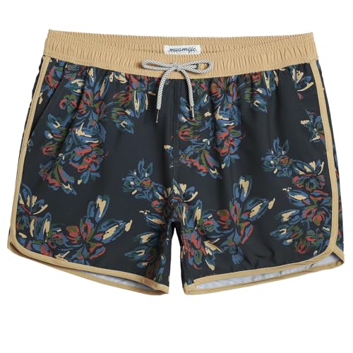 MaaMgic Herren Badeshorts Vintage Retro Badehosen 4 Way Stretch Schnelltrocknend mit Mesh-Futter und Verstellbarem Tunnelzug MEHRWEG,New Braun Blau Blumen 4.5,S von MaaMgic